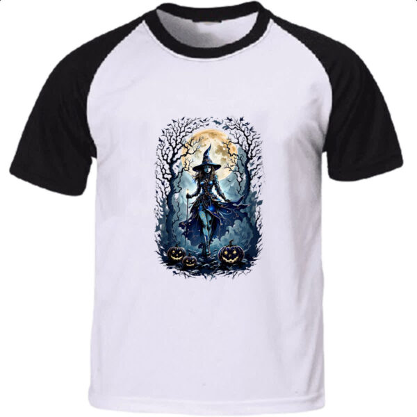 Camiseta Raglan Halloween Bruxa Noite Lua Cheia