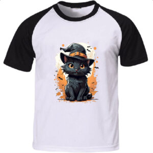 Camiseta Raglan Halloween Cute Gato Preto Bruxo