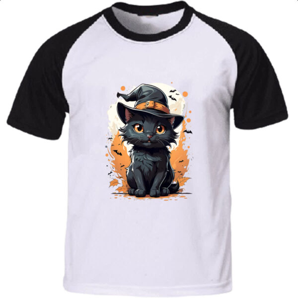 Camiseta Raglan Halloween Cute Gato Preto Bruxo