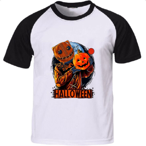 Camiseta Raglan Halloween Espantalho doces ou travessuras