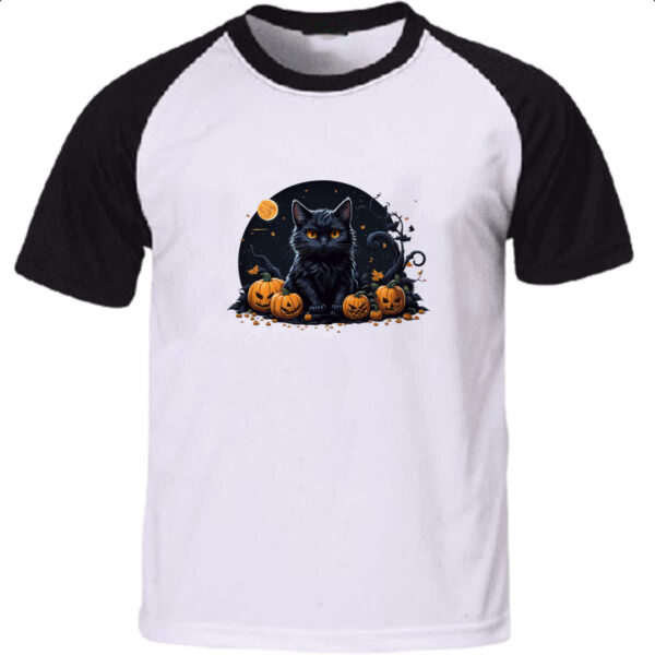 Camiseta Raglan Halloween Gato Preto Aboboras
