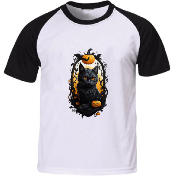 Camiseta Raglan Halloween Gato Preto Espelho Macabro