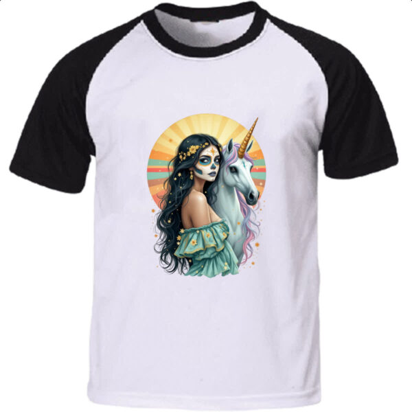 Camiseta Raglan Caveira catrina e o unicornio