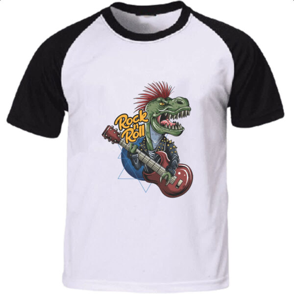 Camiseta Raglan Dinossauro Rock and Roll Guitarra