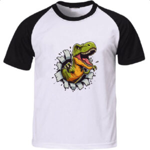 Camiseta Raglan Dinossauro T-Rex rasgando a camisa