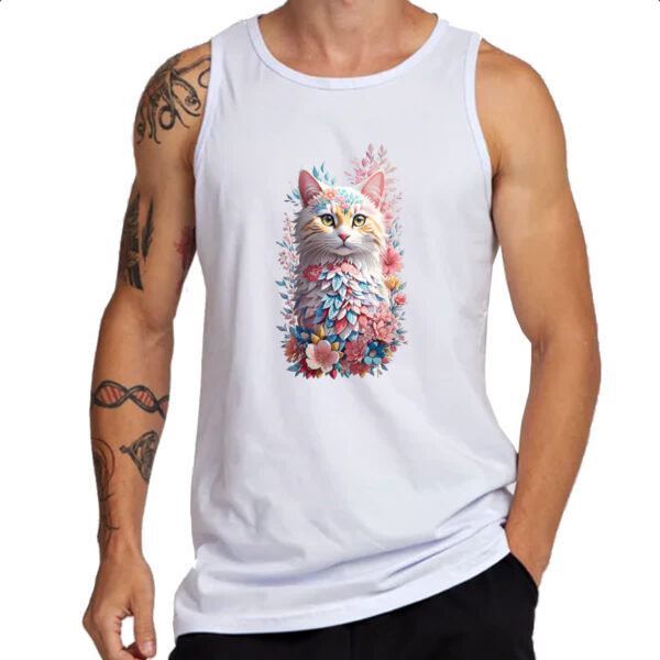 Camiseta Regata Gato branco com flores - Imagem 3