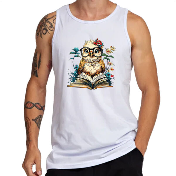Camiseta Regata Coruja sobre o livro do conhecimento - Imagem 3