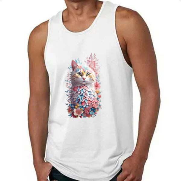 Camiseta Regata Gato branco com flores - Imagem 4