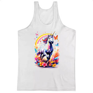 Camiseta Regata Unicornio correndo ao arco-iris