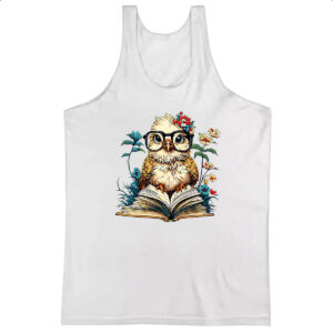 Camiseta Regata Coruja sobre o livro do conhecimento