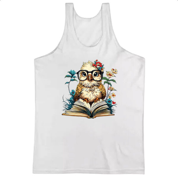 Camiseta Regata Coruja sobre o livro do conhecimento