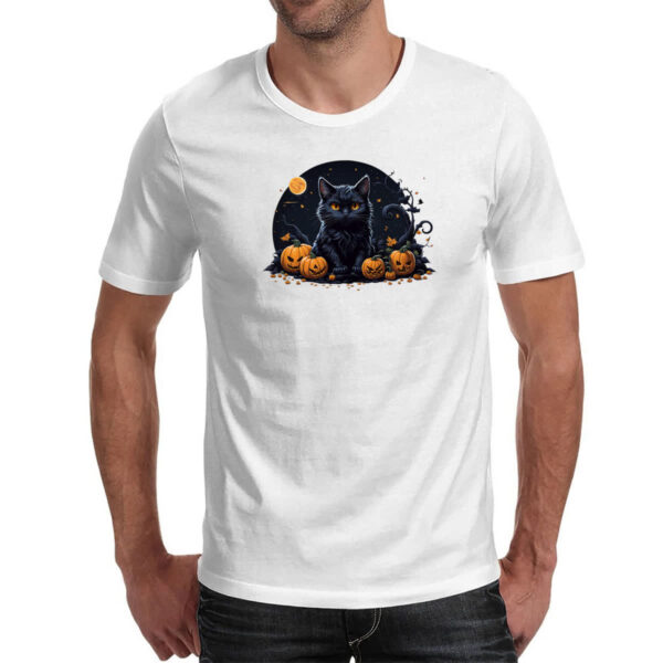 Camiseta Unissex Halloween Gato Preto Aboboras - Imagem 2