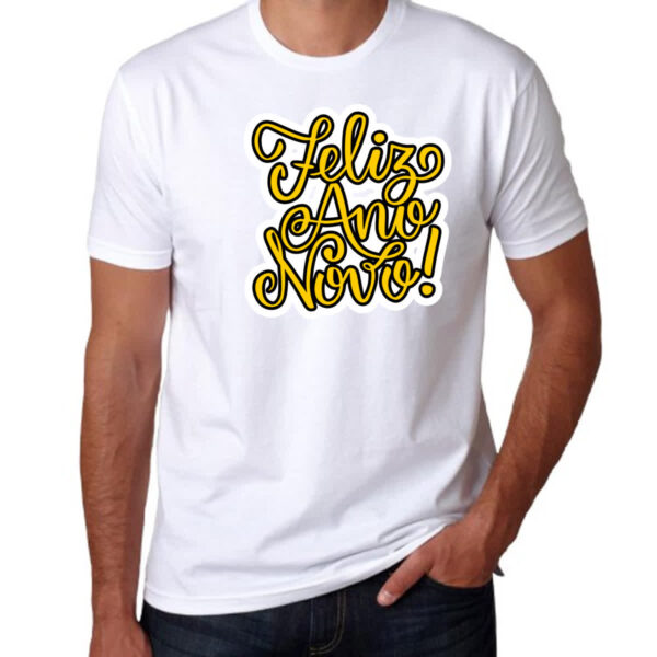 Camiseta Unissex Feliz ano novo escrita dourada - Imagem 3