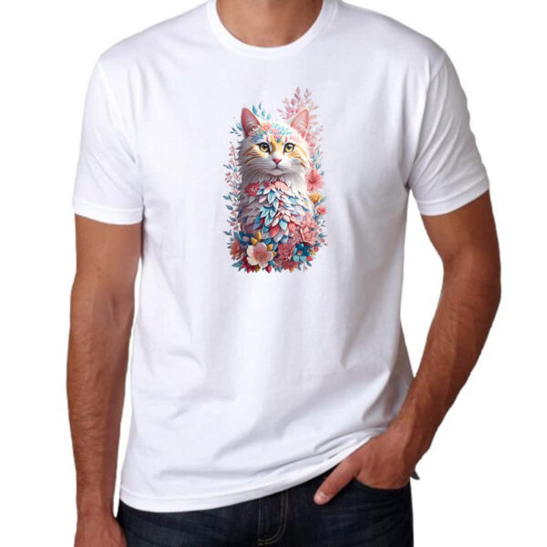 Camiseta Unissex Gato branco com flores - Imagem 3