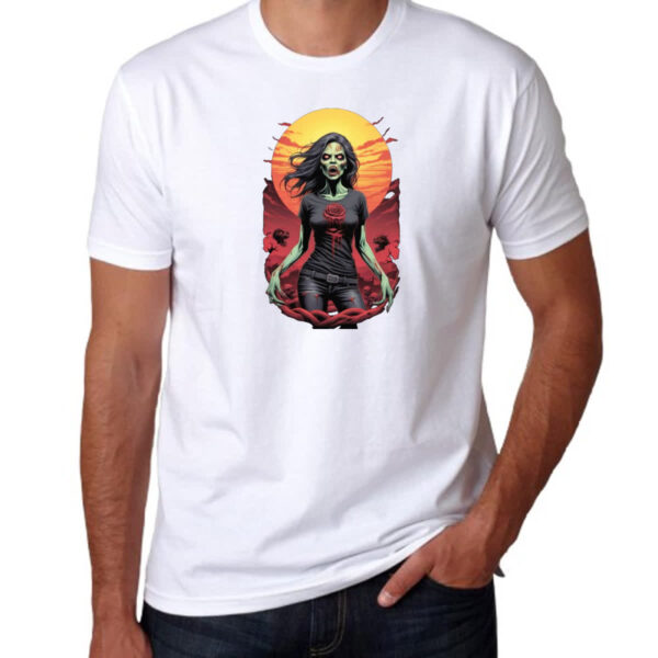 Camiseta Unissex Mulher Zumbi Sunset Art - Imagem 3