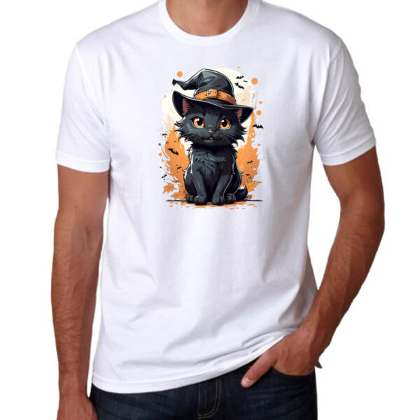 Camiseta Unissex Halloween Cute Gato Preto Bruxo - Imagem 3