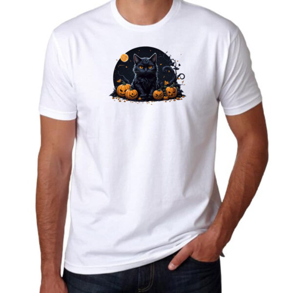 Camiseta Unissex Halloween Gato Preto Aboboras - Imagem 3