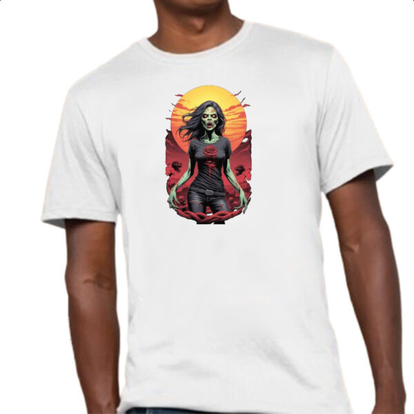Camiseta Unissex Mulher Zumbi Sunset Art - Imagem 4