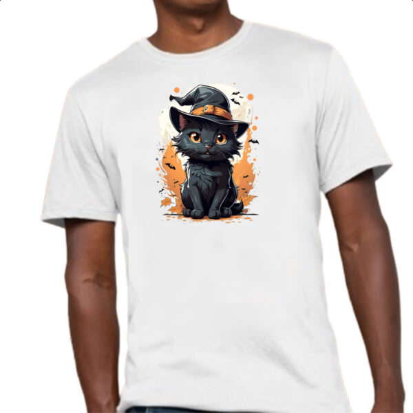 Camiseta Unissex Halloween Cute Gato Preto Bruxo - Imagem 4