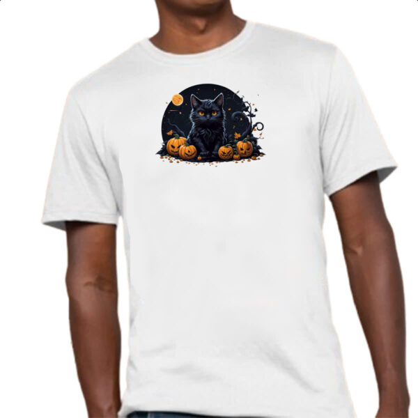 Camiseta Unissex Halloween Gato Preto Aboboras - Imagem 4