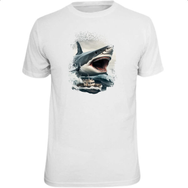 Camiseta Unissex Megalodon atacando embarcacao