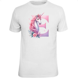 Camiseta Unissex Unicornio Alfabeto Letra E