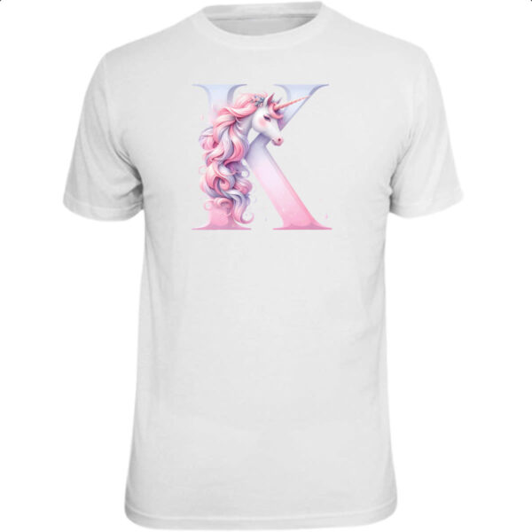 Camiseta Unissex Unicornio Alfabeto Letra K