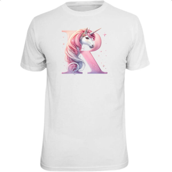 Camiseta Unissex Unicornio Alfabeto Letra R
