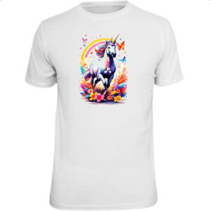 Camiseta Unissex Unicornio correndo ao arco-iris