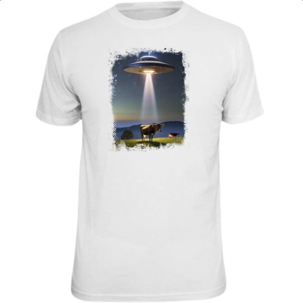Camiseta Unissex OVNI capturando uma vaca