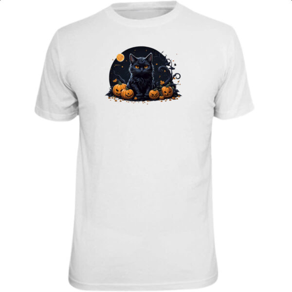 Camiseta Unissex Halloween Gato Preto Aboboras
