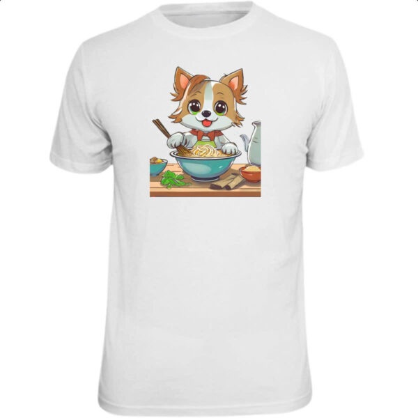 Camiseta Unissex Cao feliz cozinhando lamem