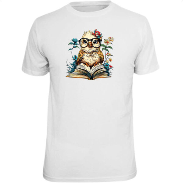 Camiseta Unissex Coruja sobre o livro do conhecimento