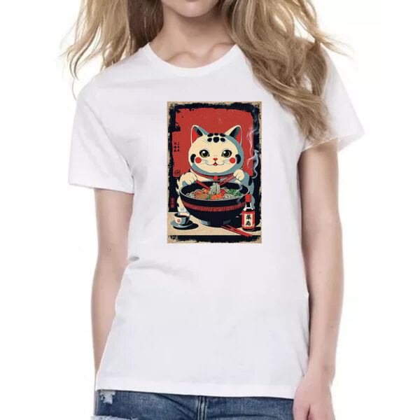 Camiseta Baby Look Gato Maneki-neko vintage lamen - Imagem 2
