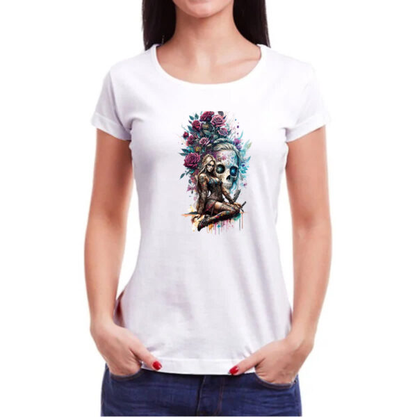 Camiseta Baby Look Catrina Rosas Splash Art - Imagem 3