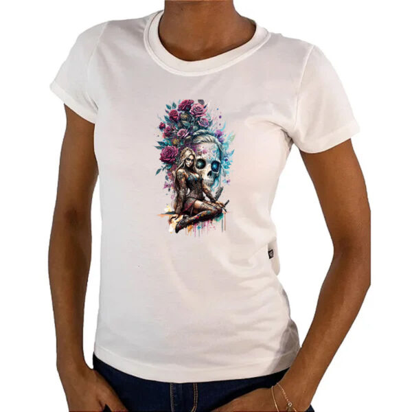 Camiseta Baby Look Catrina Rosas Splash Art - Imagem 4