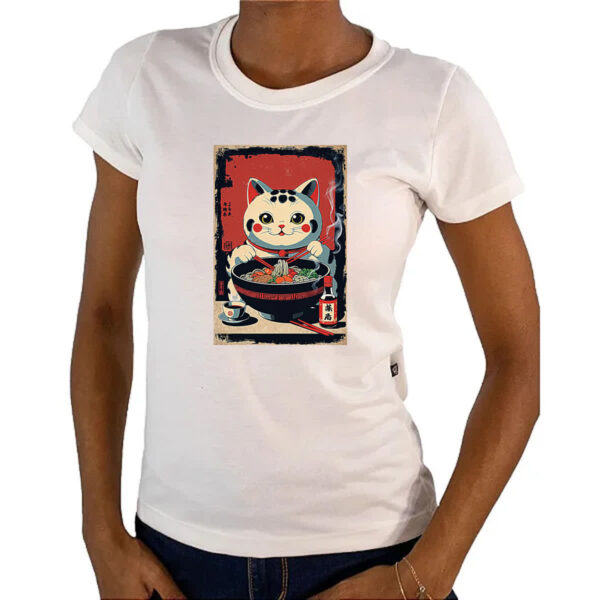 Camiseta Baby Look Gato Maneki-neko vintage lamen - Imagem 4