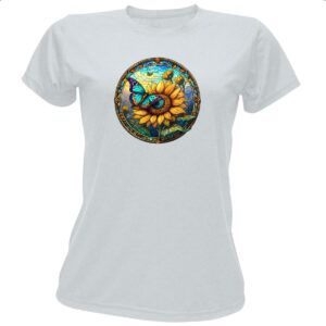 Camiseta Baby Look Vitral Borboleta e Girassol