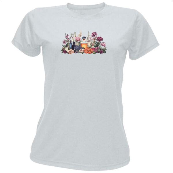 Camiseta Baby Look Perfume alquimia de flores