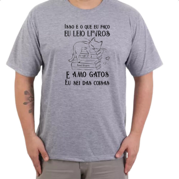 Camiseta Cinza Leio livro amo gatos - Imagem 3