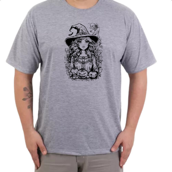 Camiseta Cinza Bruxinha Art Line Halloween - Imagem 3