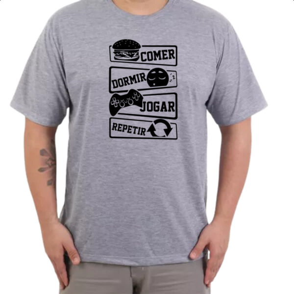 Camiseta Cinza Comer Dormir Jogar Repetir - Imagem 3