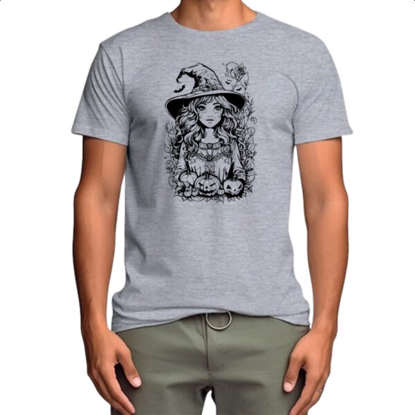 Camiseta Cinza Bruxinha Art Line Halloween - Imagem 4