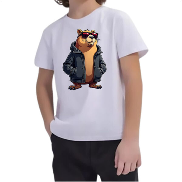 Camiseta Infanto Juvenil Capivara de Jaqueta e Oculos - Imagem 2