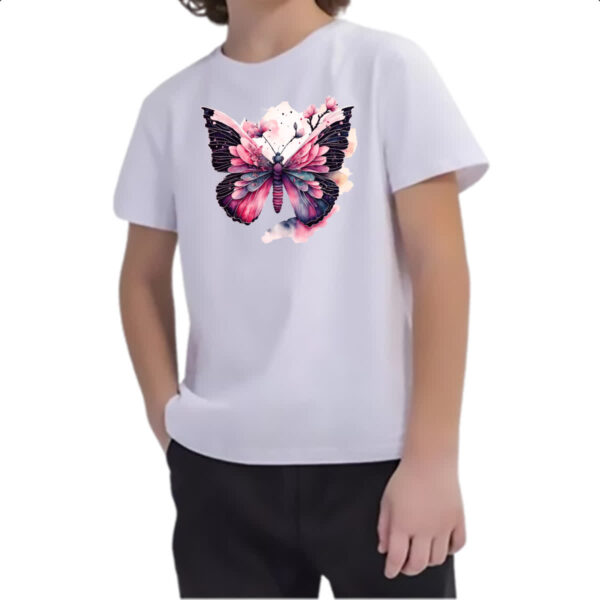 Camiseta Infanto Juvenil Borboleta com flores rosas - Imagem 2