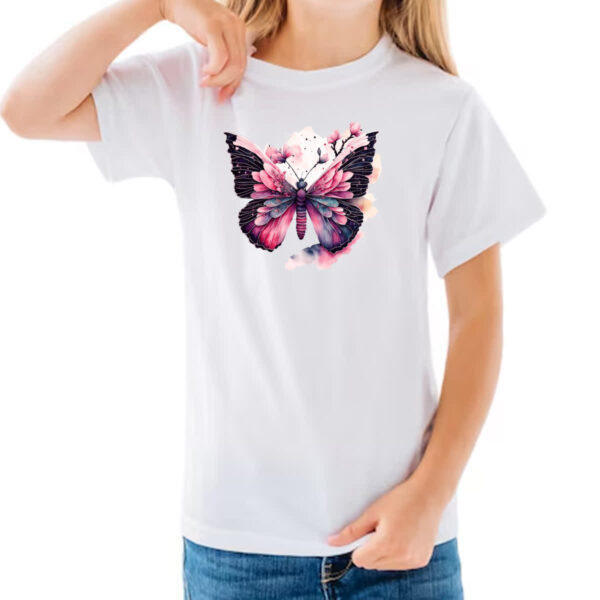 Camiseta Infanto Juvenil Borboleta com flores rosas - Imagem 3