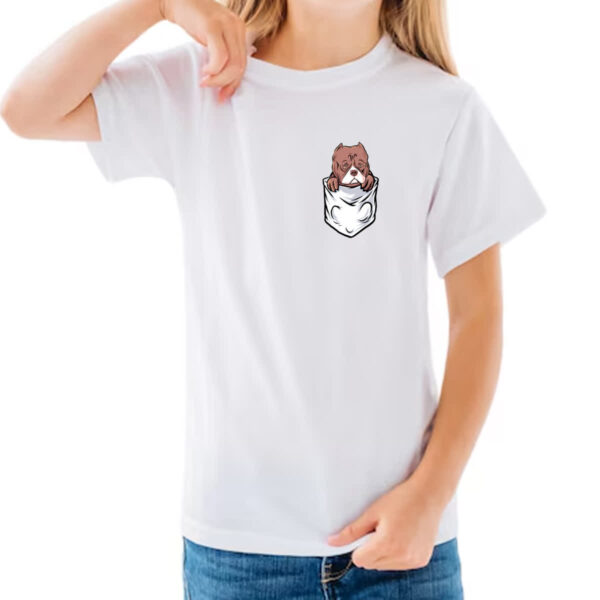 Camiseta Infanto Juvenil Cachorro PitBull no bolso - Imagem 3