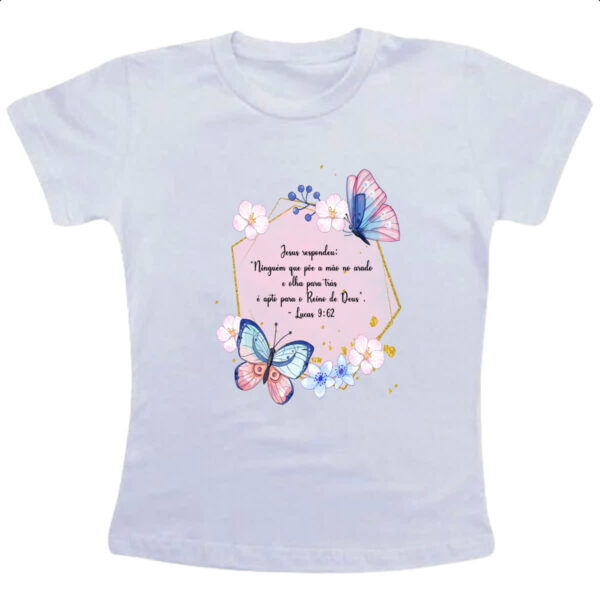 Camiseta Infanto Juvenil Versiculo Moldurado Ninguem poe a mao no arado