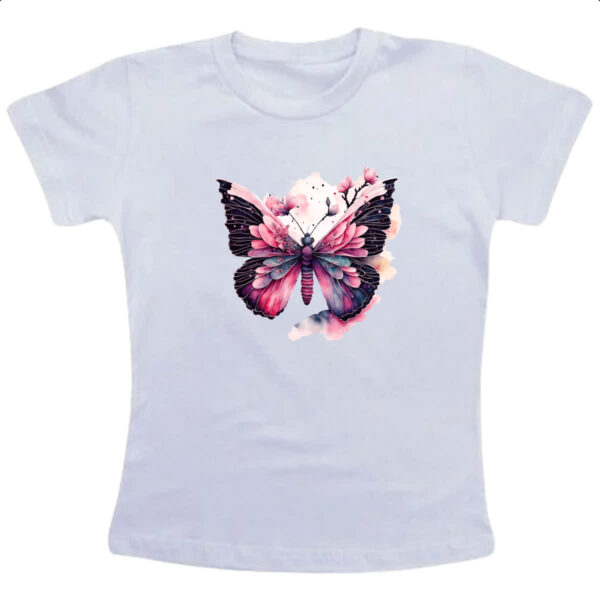 Camiseta Infanto Juvenil Borboleta com flores rosas