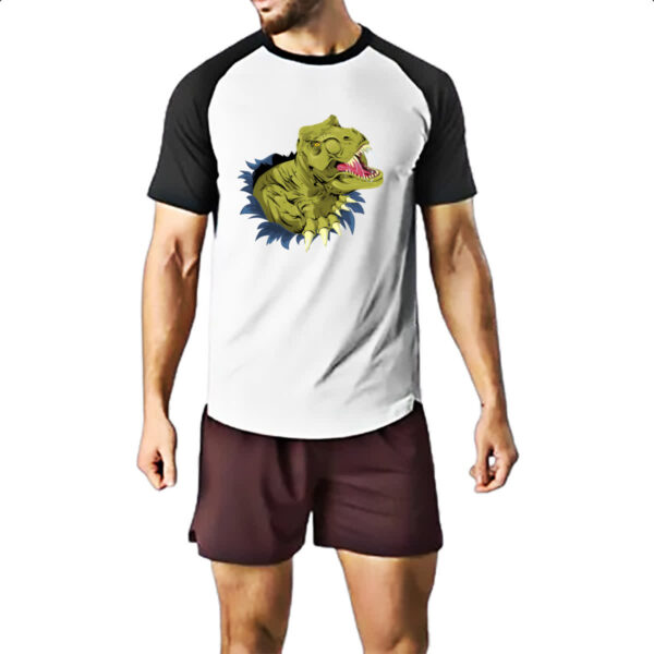 Camiseta Raglan Tiranossauro Rex Rasgando a Camisa - Imagem 2